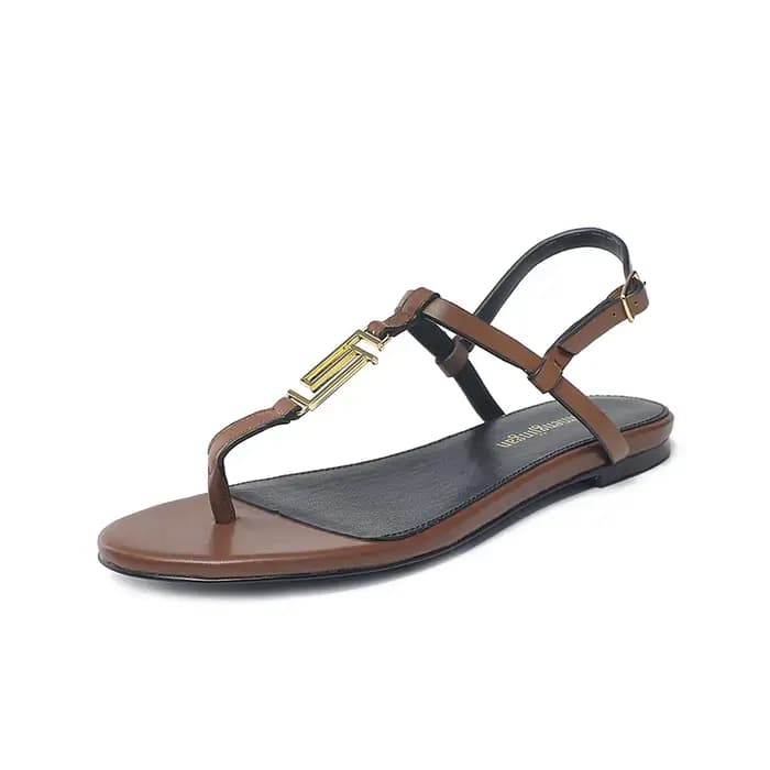 2024 mode femmes sandales d'été en cuir véritable métal décoratif semelle plate dentelle strucOpen P