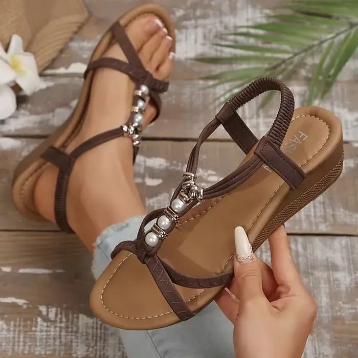 Perles décor sandales à talons compensés pour femmes été 2025 confort chaussures de plage antidérapa