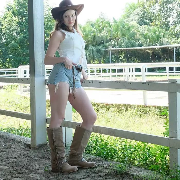 Onlymaker femmes bout rond frange plissée pli sur les bottes hautes talon bloc bottes de mode