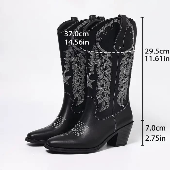 Bottes Western noires brodées avec talon épais, bout carré, style bohème, style européen et américai