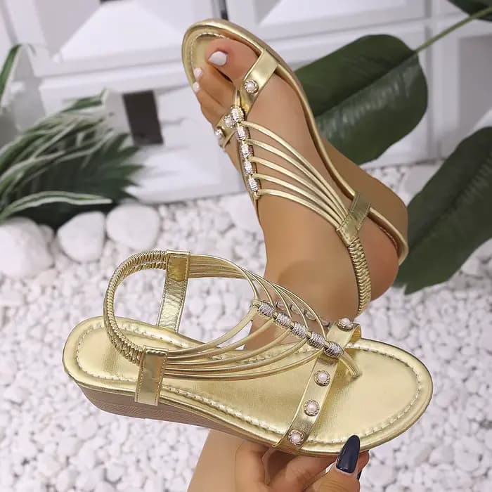 Sandales compensées femme 2025 – Nouvelle collection été – Sandales romaines dorées confortables gra