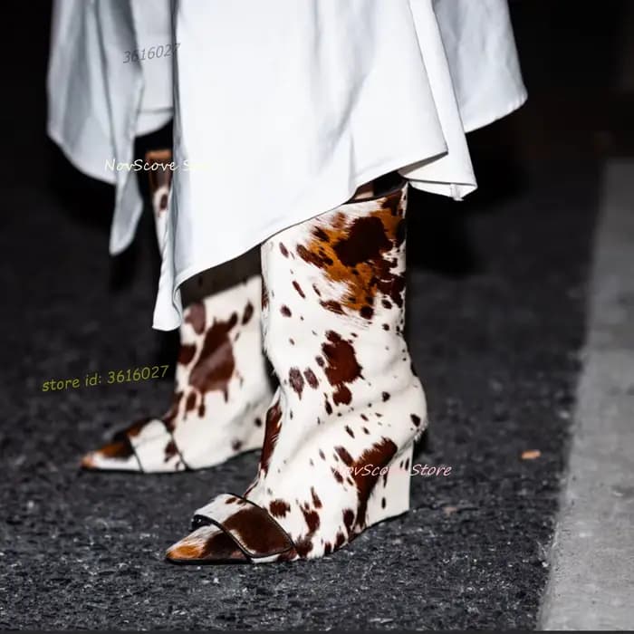 Bout pointu à cheveux longs compensés mi-mollet bottes couleur mixte boucle de ceinture croisée Sexy