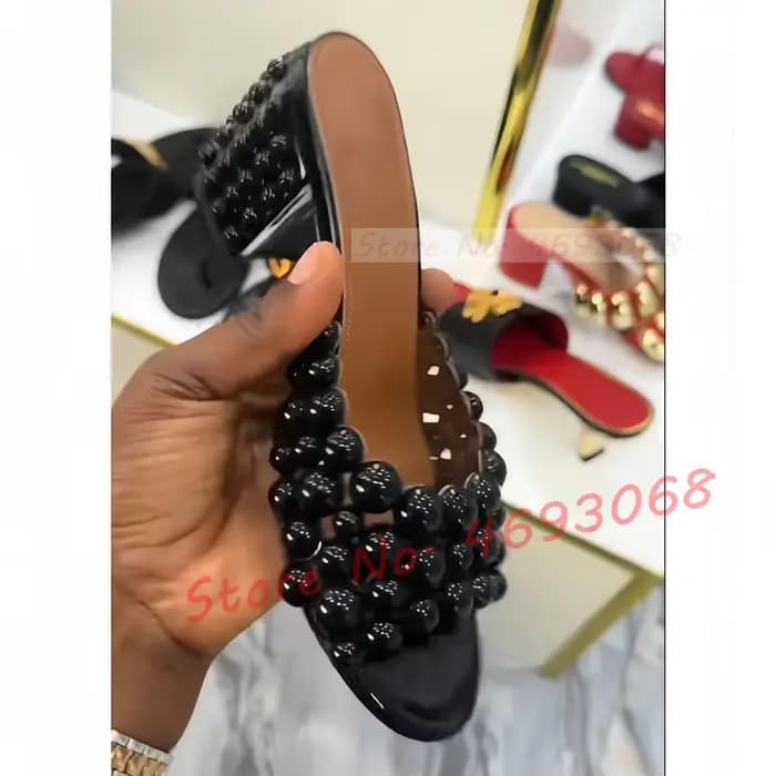 Pantoufles à talons bloc avec Rivets en métal doré pour femmes, chaussures de luxe à bout ouvert ajo