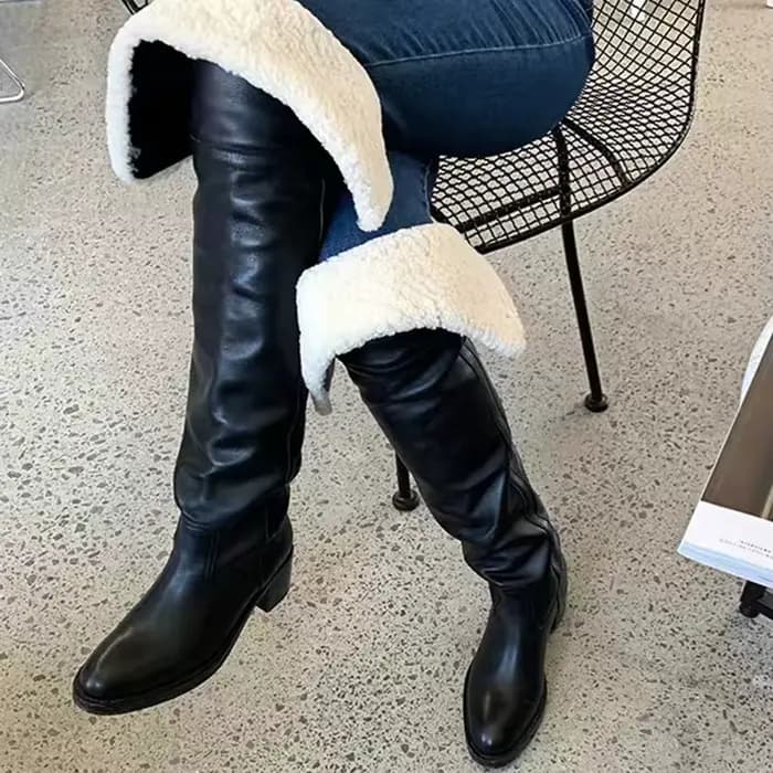 Hiver laine fourrure pliable haut sur le genou bottes femme chameau noir huile cire cuir fourrure bo