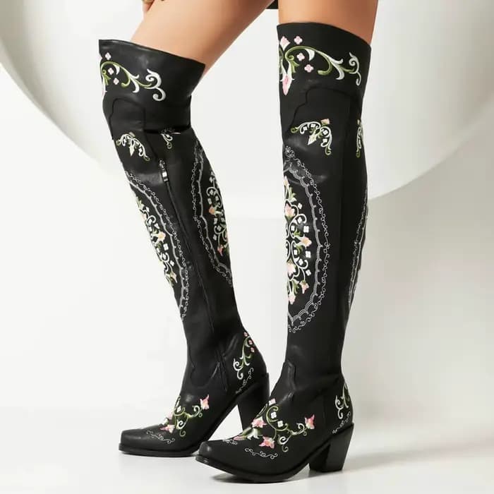 Mode Vintage lac bleu cuir fleurs broderie cuissardes mi talons épais fermeture éclair côté Floral T