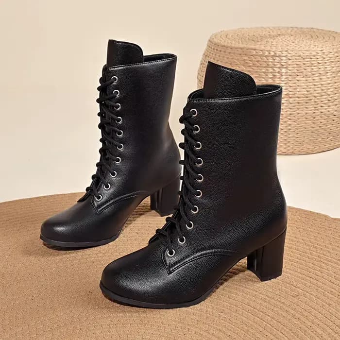 Bottines à talons carrés pour femmes, chaussures avec boucle en métal, bottes à lacets, en cuir, tal
