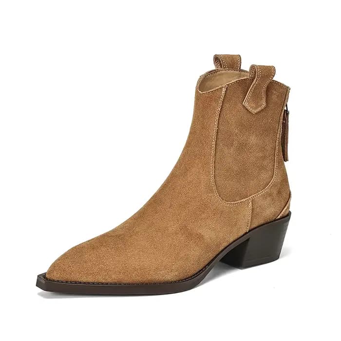 Bottines occidentales en daim naturel pour femmes, tendance 2026, marron, kaki, noir, talons mi-bloc