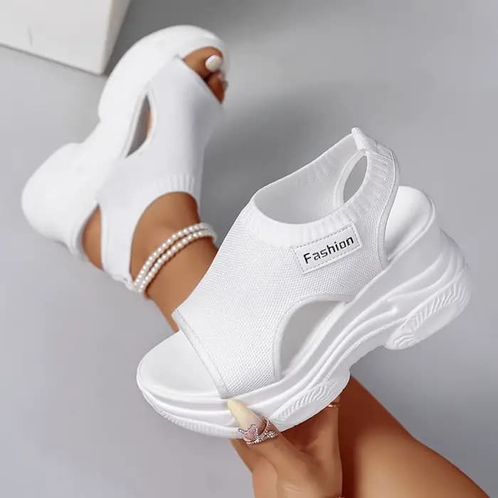 Sandales compensées à plateforme pour femmes, style mode, à bout ouvert, en maille tricotée, respira