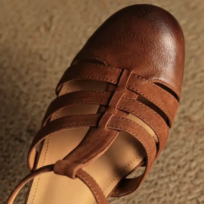 Danxuefei femmes en cuir de vache bande étroite tressé t-strap sandales 5 cm d'épaisseur med talon d