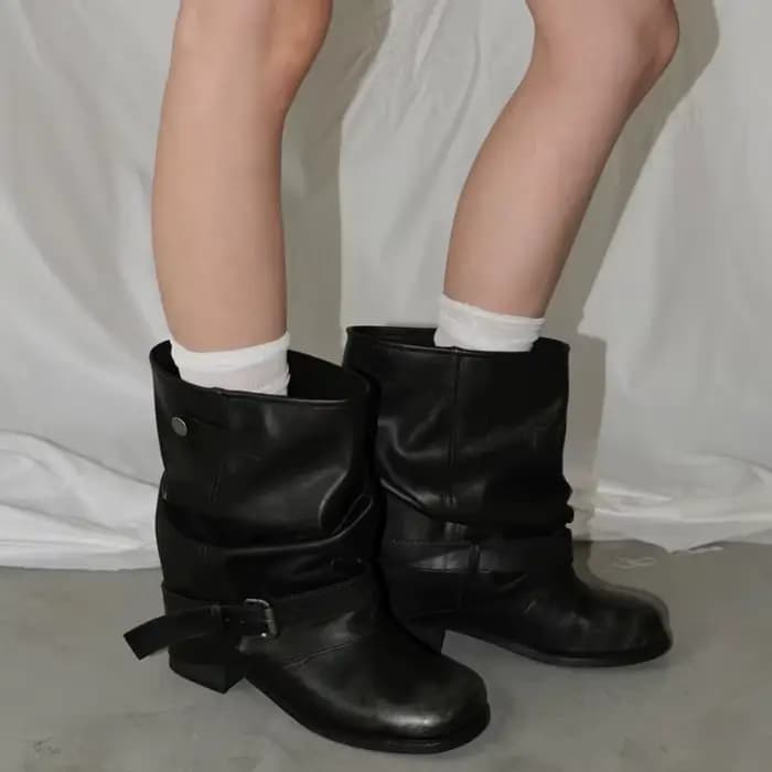 Bottes mi-mollet noires pour femmes, style décontracté, avec boucle, bout carré, talon épais, bottes