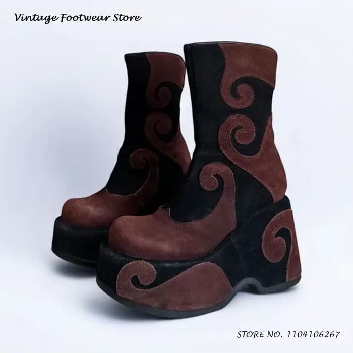 Bottines à plateforme en cuir suédé tourbillonnant, chaussures Vintage à bout rond, grande taille, S