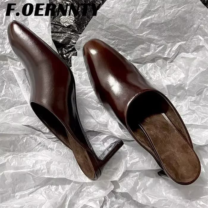Mules rétro en cuir véritable pour femmes, bout carré, talons hauts, demi-pantoufles modernes à bout