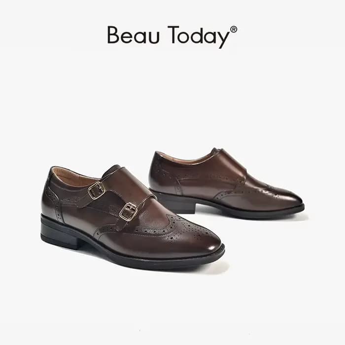 BeauToday-Chaussures moine en cuir de vache véritable pour femme, avec sangle, style Brogue, rondes,
