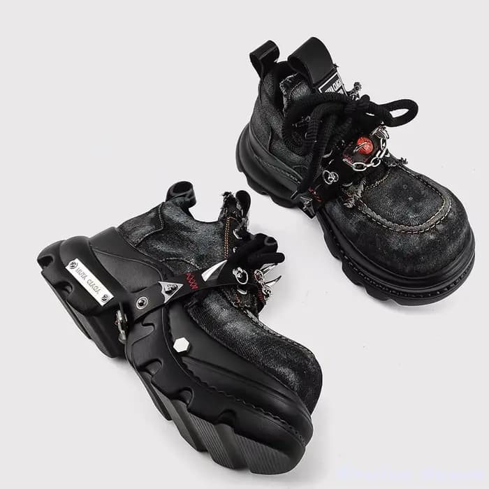Evil Eye Punk Denim chaussures femmes décoration en métal bout rond plate-forme croix liée chaussure