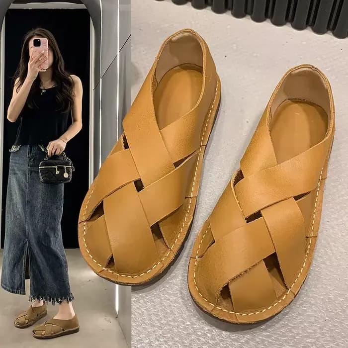 Sandales en cuir pour femmes, couche supérieure en cuir de vache tissé à la main, chaussures plates 