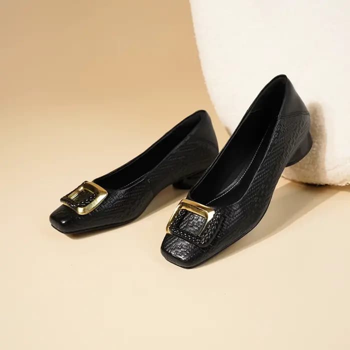 Escarpins à talon carré pour femme, en cuir gaufré avec boucle métallique, confortables, à talon bas