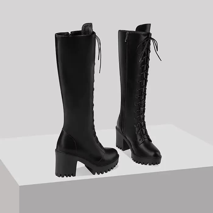 Bottes en dentelle croisée à semelle épaisse pour femmes, Ultra-haute, à fermeture éclair, Style Pun