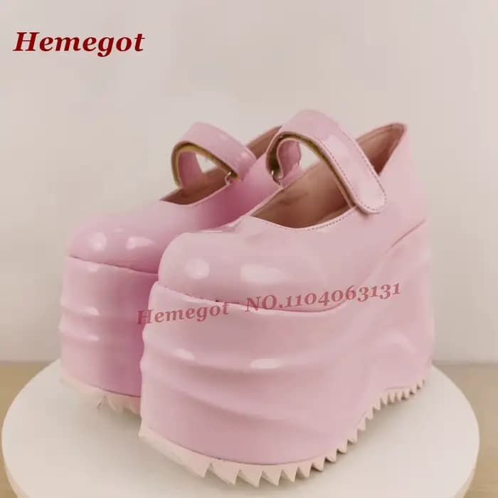 Escarpins plateforme Lolita roses brillants à bout rond avec fermeture auto-agrippante, chaussures d