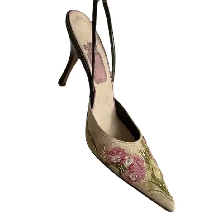 Chaussures Brodées à Talons Fins et Pointus pour Femme Sandales Baotou d'Été, Style Chinois, Coupe P
