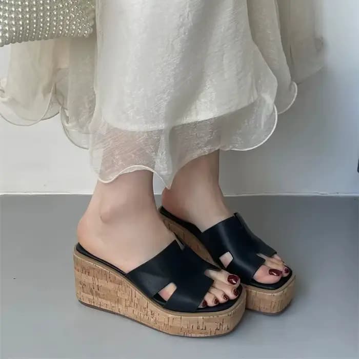 Talons noirs pantoufles été bloc chaussures compensées Sandales blanches décontracté Femme plate-for