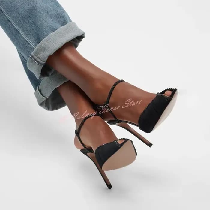 Peep Parker-Escarpins en maille pour femmes, talons hauts fins, lanières à boucles, escarpins en cri