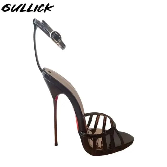 Sandales à lanières noires brillantes pour femmes, chaussures Stiletto élégantes avec boucle à la ch