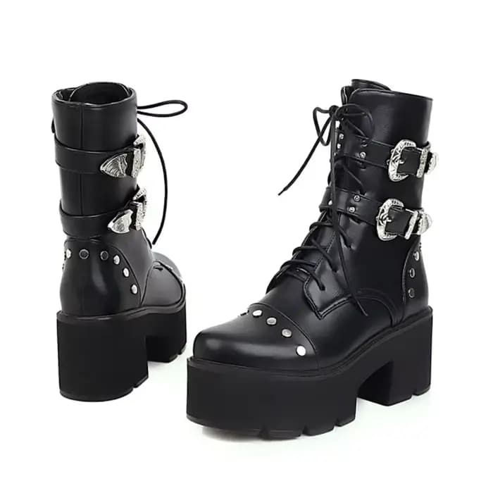 Bottines à lacets avec fermeture éclair pour femmes, bout rond, sangle à boucle, talons hauts épais,