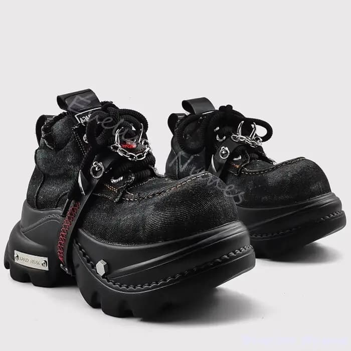 Evil Eye Punk Denim chaussures femmes décoration en métal bout rond plate-forme croix liée chaussure