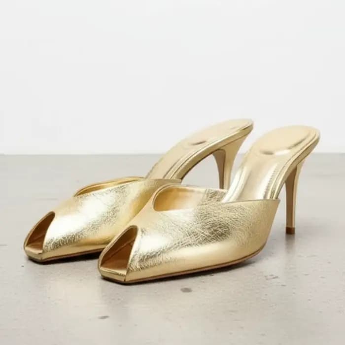Pantoufles à talons en cuir verni doré pour femmes, sandales coulissantes Sexy à bout ouvert, chauss