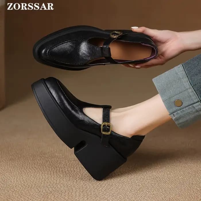 Escarpins à talons hauts et plateforme épaisse pour femmes, chaussures en cuir véritable à bout poin