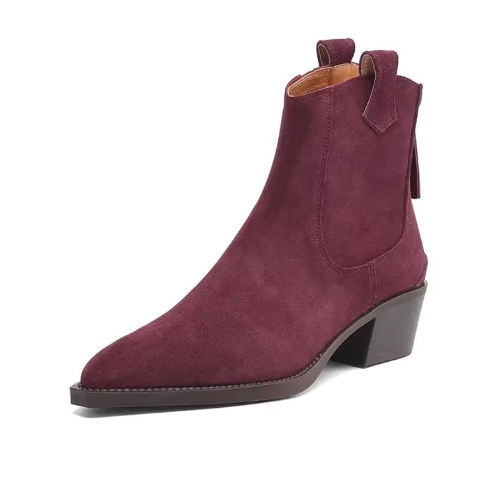 Bottines occidentales en daim naturel pour femmes, tendance 2026, marron, kaki, noir, talons mi-bloc