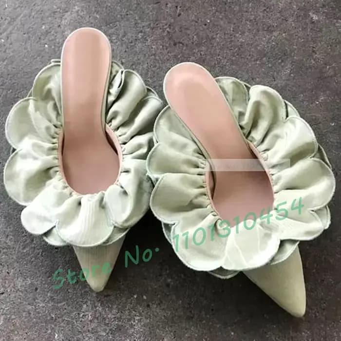 Mules à talons bas à volants verts pour femmes, fleur douce, design rond, chaussures pointues magnif
