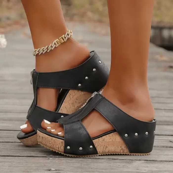 Mules compensées pour femmes à bout ouvert, plateforme, talon haut, fermeture éclair, dessus texturé