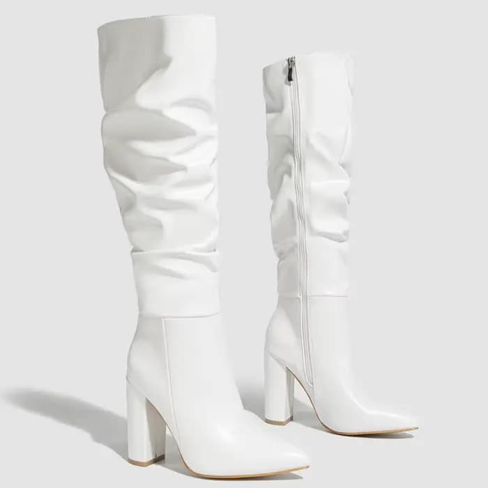 Bout pointu talon épais femmes bottes plissé côté fermeture éclair talon haut bottes longues genou b
