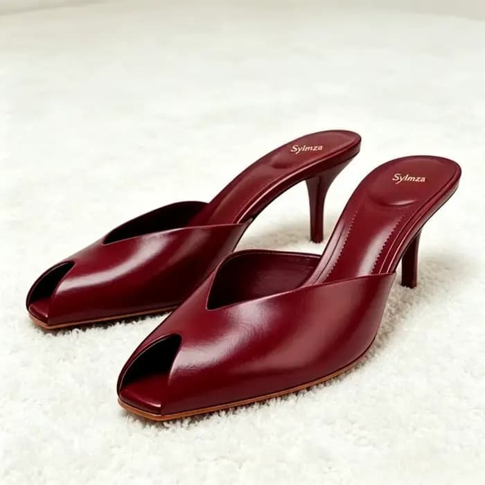 Sexy Peep Toe Design marque pantoufles à talons hauts femmes de haute qualité en cuir verni talon mi