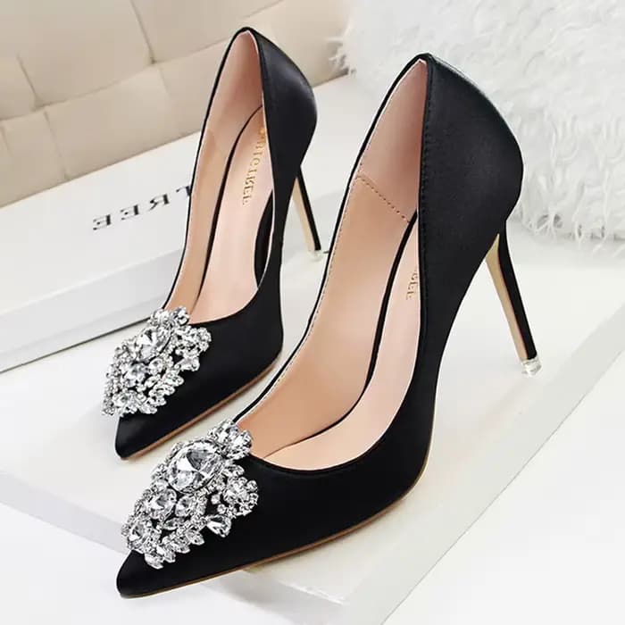 CINESSD argent gris noir femmes chaussures de mariée fausse soie Satin strass cristal peu profond fe