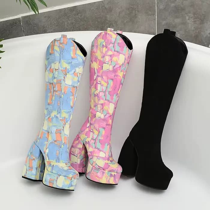 Bottes à plateforme super imperméables pour femmes, talon épais étrange, graffiti, peluche, fermetur