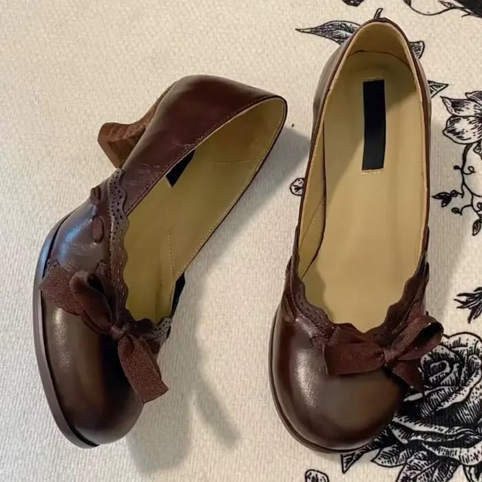 Escarpins Vintage marron à talons épais pour femmes, chaussures à bout rond avec nœud papillon, chau