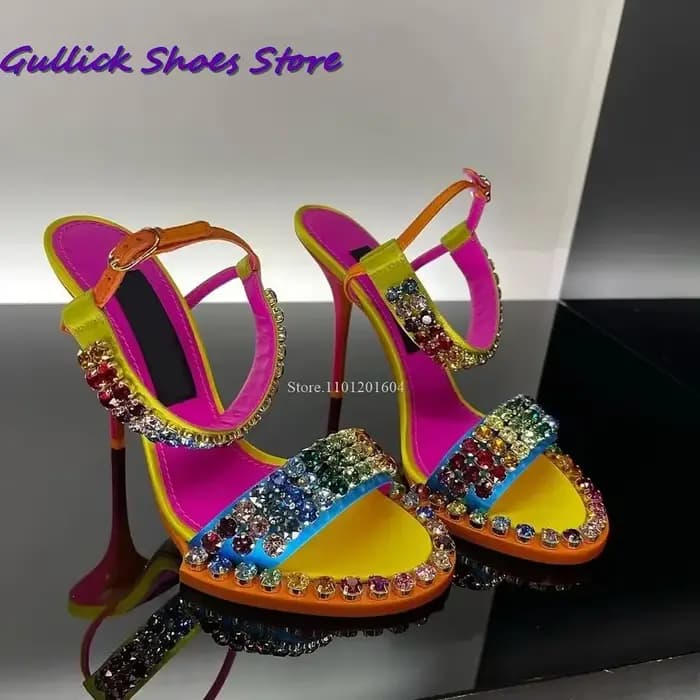 Sandales scintillantes en cristal coloré pour femmes, chaussures à talons hauts, pantoufle à une san
