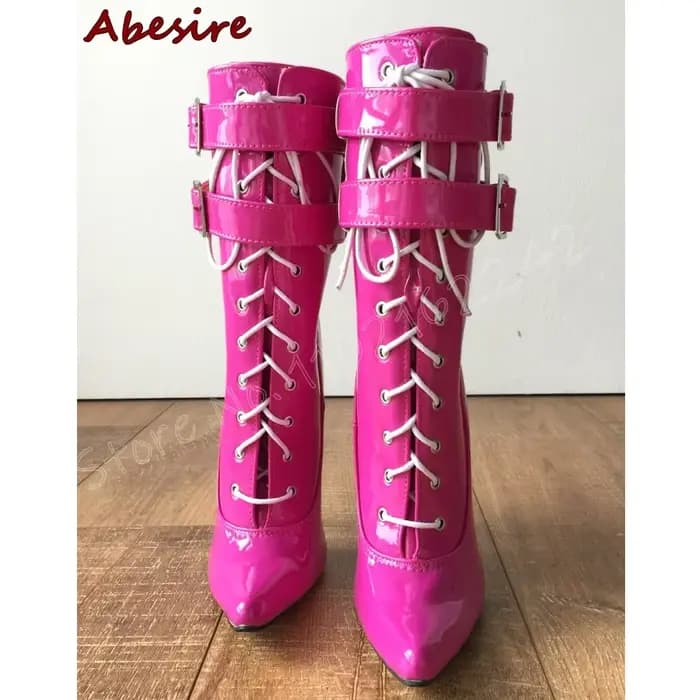 Bottines à talons Super hauts Rose rouge, bout rond, boucle de ceinture aiguille, bottes à la mode p