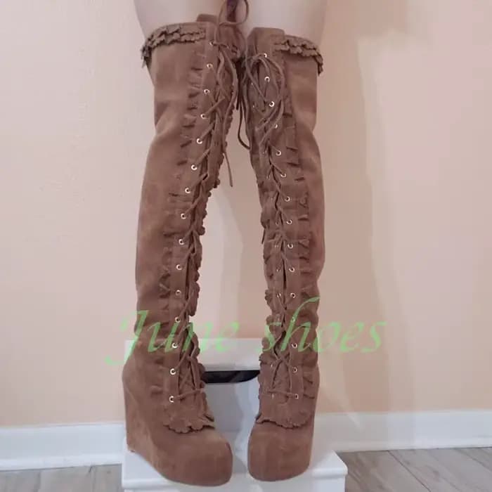 Bottes à talons compensés en daim marron pour femme, style Y2K, élégantes, vintage, gladiateur, poin