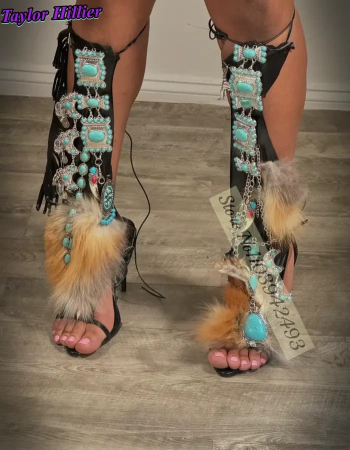 Gladiateur talons Turquoise fourrure Wrap sandales femmes chaussures couleur mixte romain mince talo