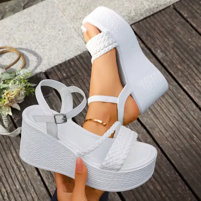 Sandales à plateforme épaisse blanche en cuir Pu pour femmes, chaussures de plage à fond épais avec 