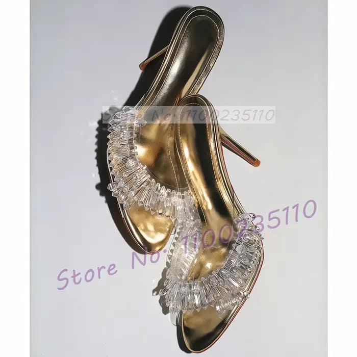 Pantoufles métalliques dorées en cristal clair pour femmes, pendentif scintillant, lustre à talons h