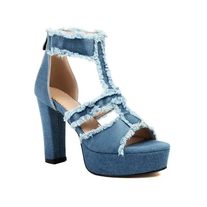 Sandales à talons bloc femmes Denim jean bleu t-strap Sexy Stripper Club chaussures d'été Rose bout 