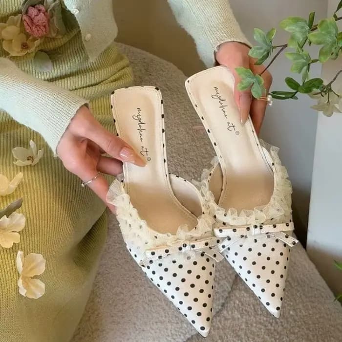 Baotou – Demi-chaussons à talons hauts en dentelle française et velours avec nœud, collection printe