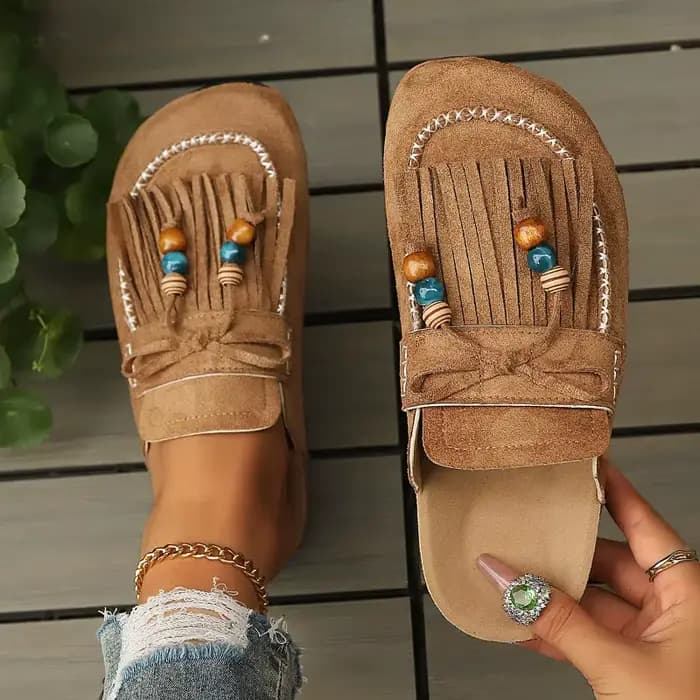 Nouvelles mules pour femmes 2026 style rétro à pampilles et perles, bout fermé, couleur unie, bout r