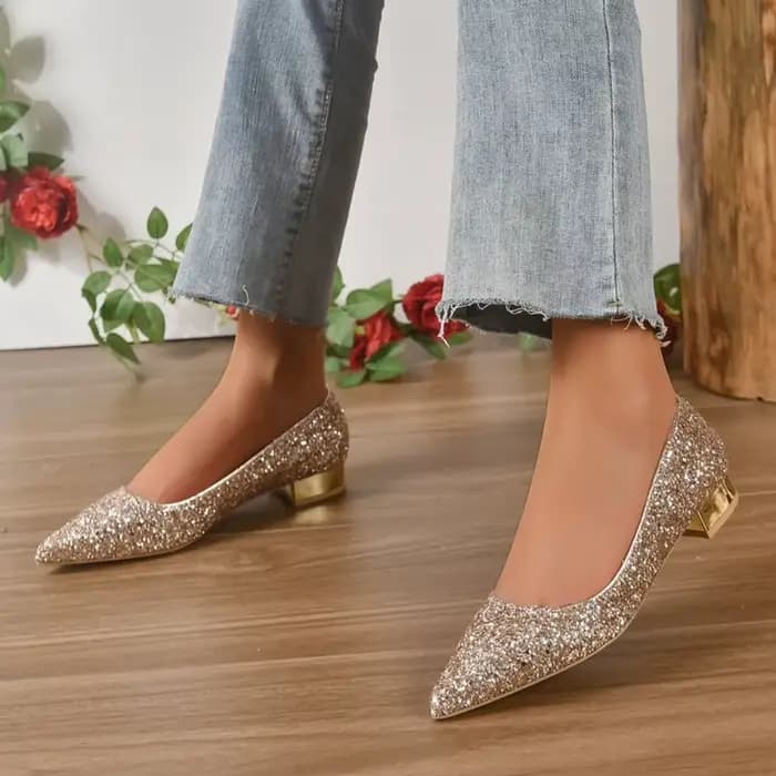 Escarpins argentés à talons bas pour femme, printemps automne, à paillettes brillantes, bout pointu,