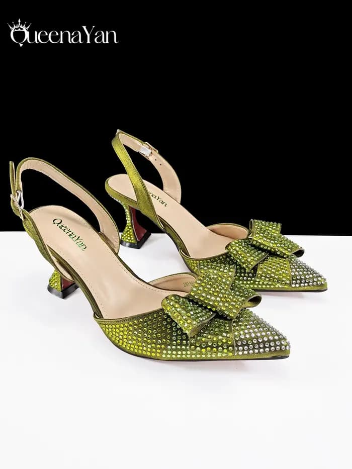 Queena Yan plus récent plein de strass Design couleur Olive dame Sheos et ensemble de sac à main orn