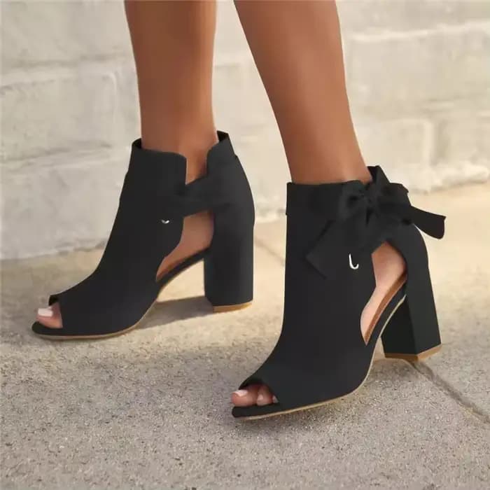 Escarpins à talons hauts épais pour femmes, sandales d'été en tissu avec nœud vide sur le côté, noir